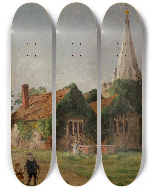 Triptych art skateboard deck of Jasper Francis Cropsey Church At Stoke Poges by Jasper Francis Cropsey (1823-1900)
