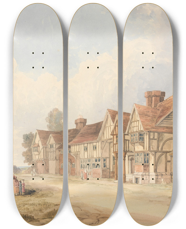 Triptych art skateboard deck of George Shepheard The Village Of Chiddingstone Kent by George Shepheard (1770-1842)