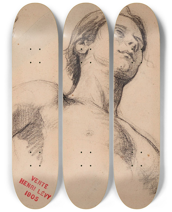 Triptych art skateboard deck of Henri Leopold Lvy Etude De Jeune Homme En Buste Et Tude Dun Bras by Henri Leopold Levy (1840-1904)
