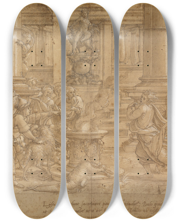 Triptych art skateboard deck of Pieter Coecke Van Aelst The Sacrifice At Lystra by Pieter Coecke Van Aelst (1502-1550)