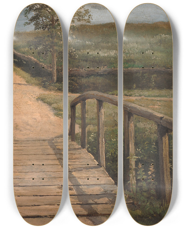 Triptych art skateboard deck of Dankvart Dreyer Bridge Over A Stream In Assens Funen by Dankvart Dreyer (1816-1852)