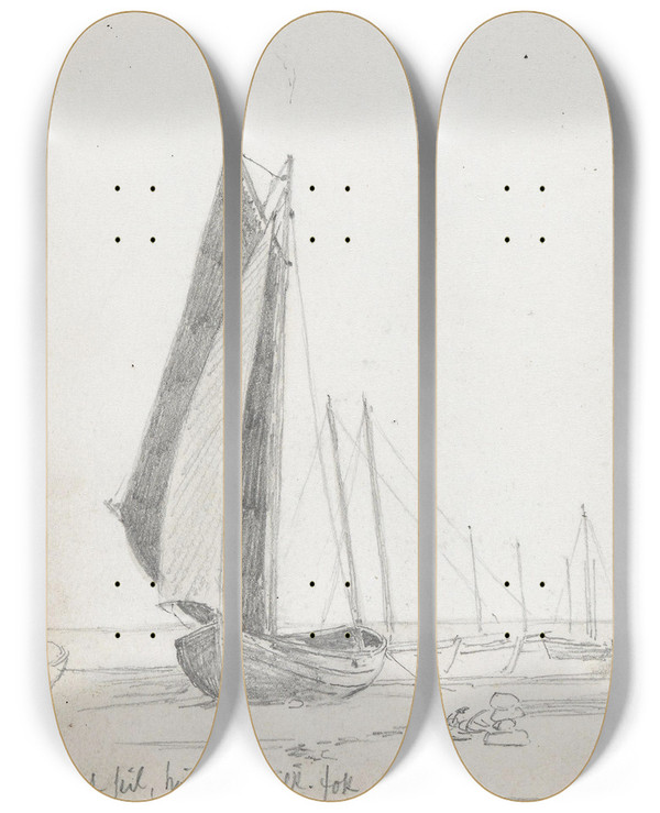 Triptych art skateboard deck of Hans Gude Seilbter P Stranden Ahlbeck by Hans Gude (1825-1903)