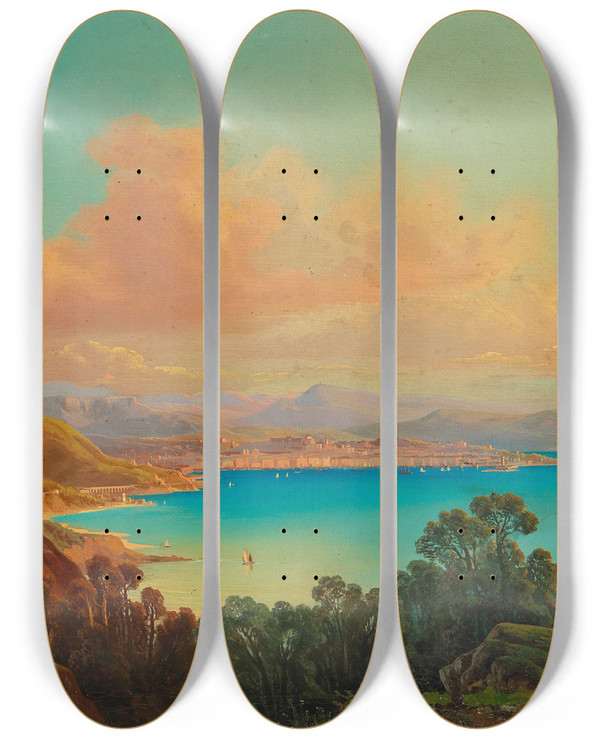 Triptych art skateboard deck of Albert Rieger Blick In Die Bucht Von Triest by Albert Rieger (1934-1905)