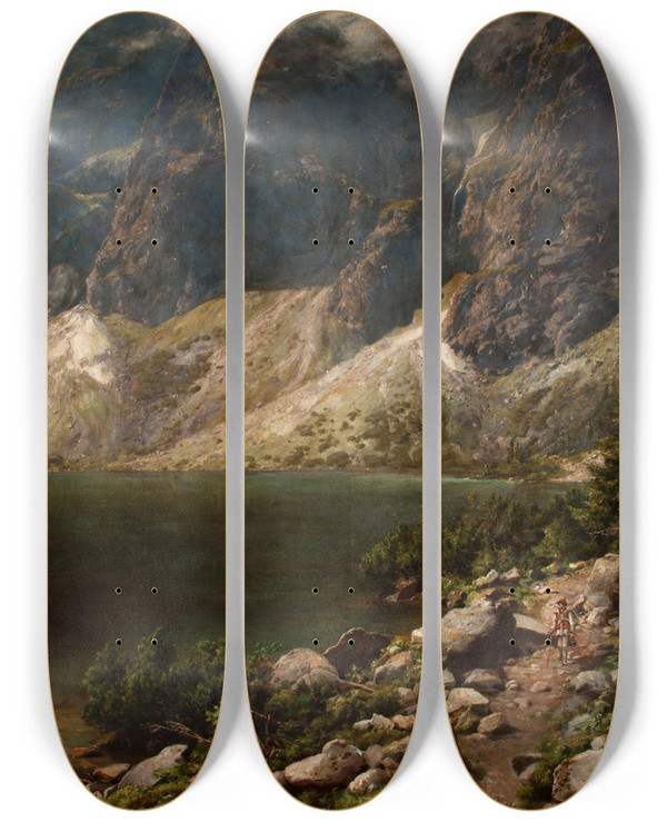 Triptych art skateboard deck of Aleksander Mroczkowski The Morskie Oko Lake In The Tatras by Aleksander Mroczkowski (1850-1927)