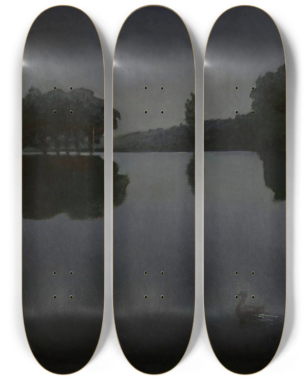 Triptych art skateboard deck of Henryk Pitkowski Pond With Ducks by Henryk Piatkowski (1853-1932)