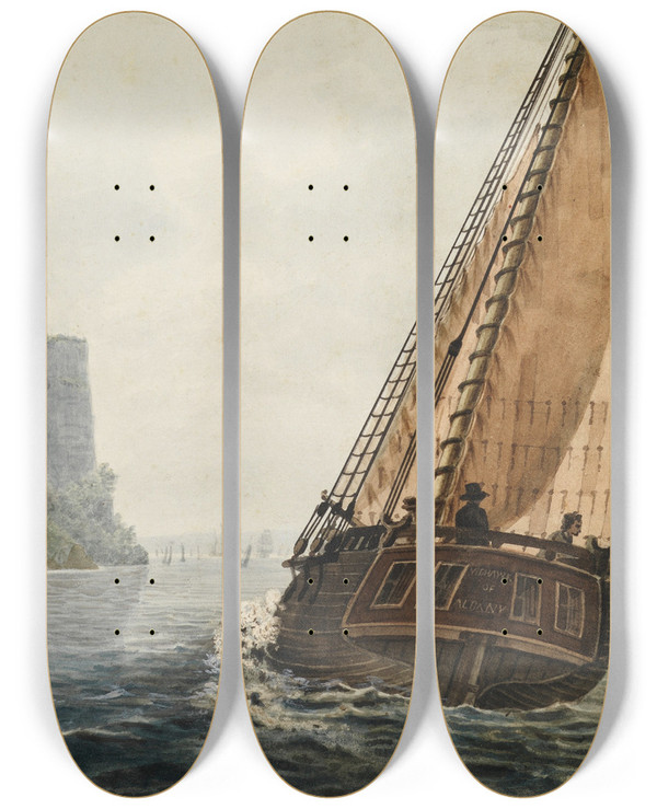 Triptych art skateboard deck of Pavel Petrovich Svinin The Packet Mohawk Of Albany Passing The Palisades by Pavel Petrovich Svinin (1787-1839)