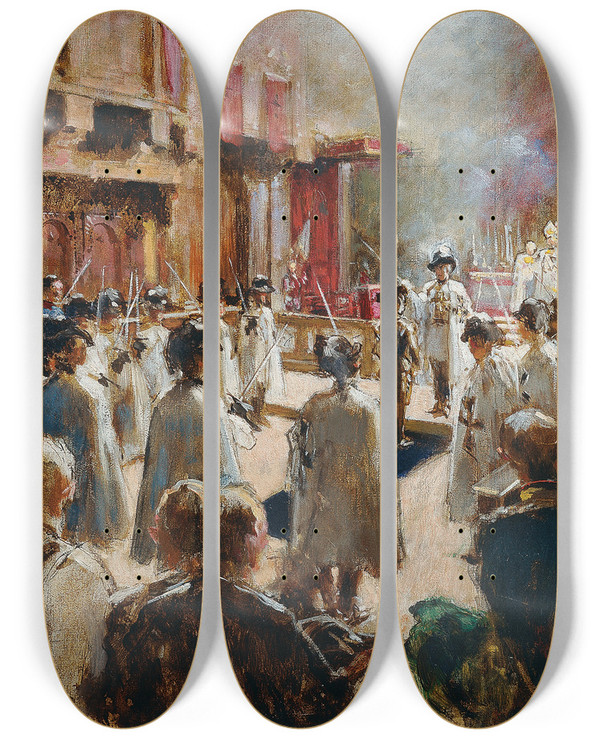 Triptych art skateboard deck of Theodor Josef Ethofer Der Ritterschlag Des Grafen Booswaldeck Durch Den Gromeister Des Deutschen Ritterordens Erzherzog Eugen In Der Hofkirche In Innsbruck by Theodor Josef Ethofer (1849-1915)