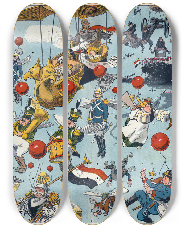 Triptych art skateboard deck of Louis Glackens The Invasion Of England by Louis Glackens (1866-1933)