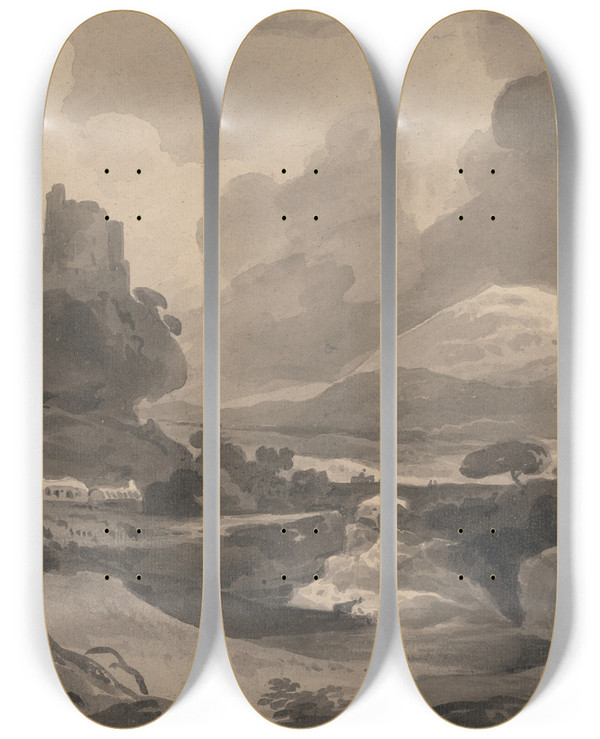 Triptych art skateboard deck of John Varley Mountain Landscape With Castle Ruins On A Cliff by John Varley (1778-1842)
