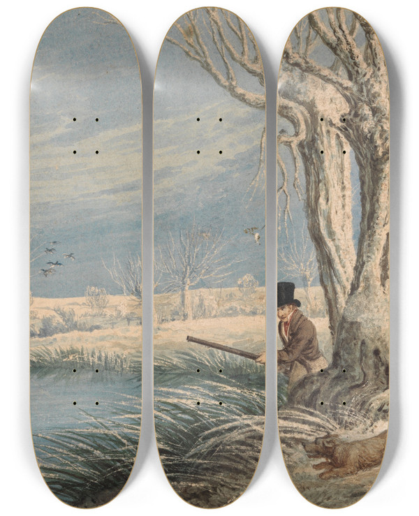 Triptych art skateboard deck of Edward Duncan Wild Duck Shooting by Edward Duncan (1803-1882)