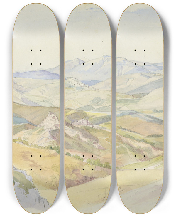 Triptych art skateboard deck of Ludwig Deurer The Sabine Hills And Rocca Santo Stefano Seen From Civitella by Ludwig Deurer (1806-1848)