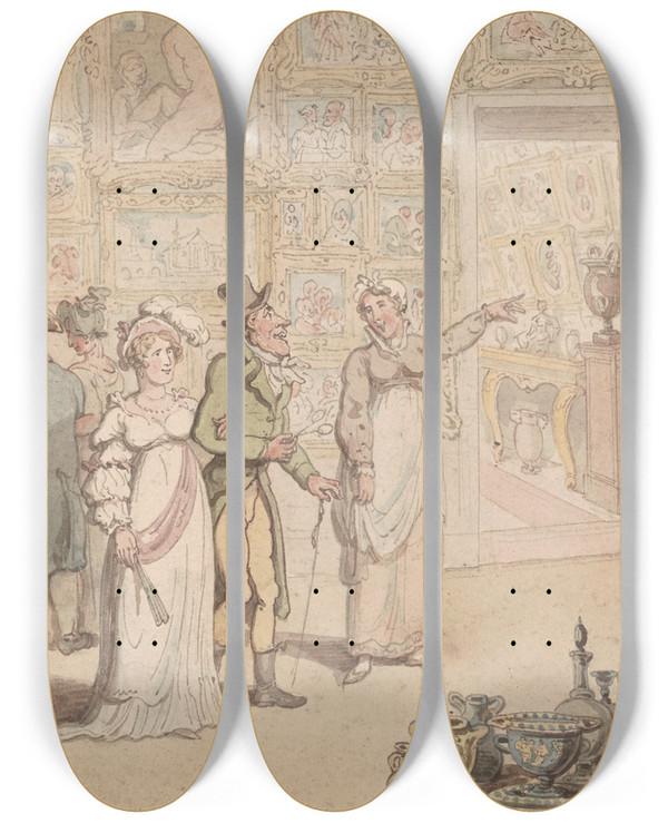Triptych art skateboard deck of Thomas Rowlandson The British Institute 1816 by Thomas Rowlandson (1756-1827)