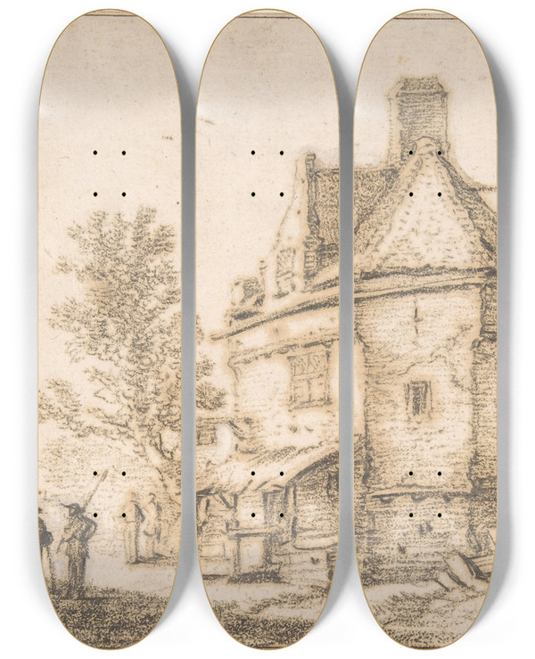 Triptych art skateboard deck of Esaias Van De Velde Landscape With An Inn by Esaias van de Velde (1587-1630)