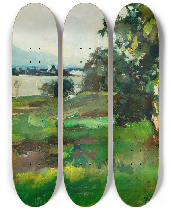 Triptych art skateboard deck of Hiasl Maiererding Frauenchiemsee Von Gstadt Aus by Hiasl Maier-Erding (1894-1933)