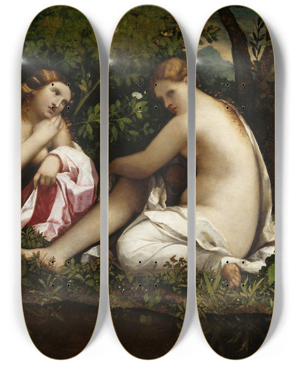 Triptych art skateboard deck of Jacopo Palma Il Vecchio Two Nymphs At Rest by Jacopo Palma Il Vecchio (1480-1528)