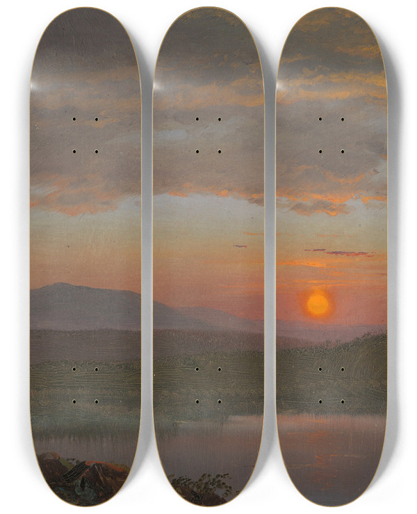 Triptych art skateboard deck of Frederic Edwin Church Hudson Valley New York At Sunset by Frederic Edwin Church (1826-1900)