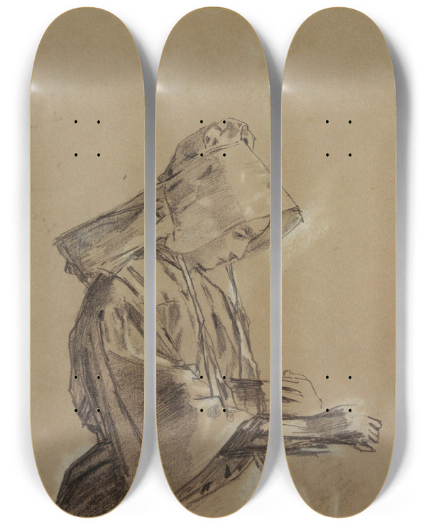 Triptych art skateboard deck of Winslow Homer Woman In A Sunbonnet by Winslow Homer (1836-1910)