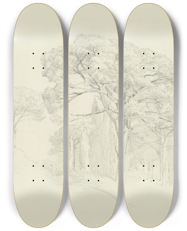 Triptych art skateboard deck of Fritz Bamberger Bume An Einem Hang In Valencia by Fritz Bamberger (1814-1873)