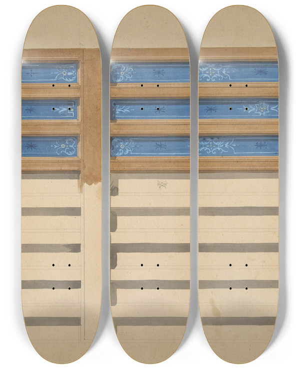 Triptych art skateboard deck of Julesedmondcharles Lachaise Design For A Beamed Ceiling With Painted Panels by Jules-Edmond-Charles Lachaise (1897)