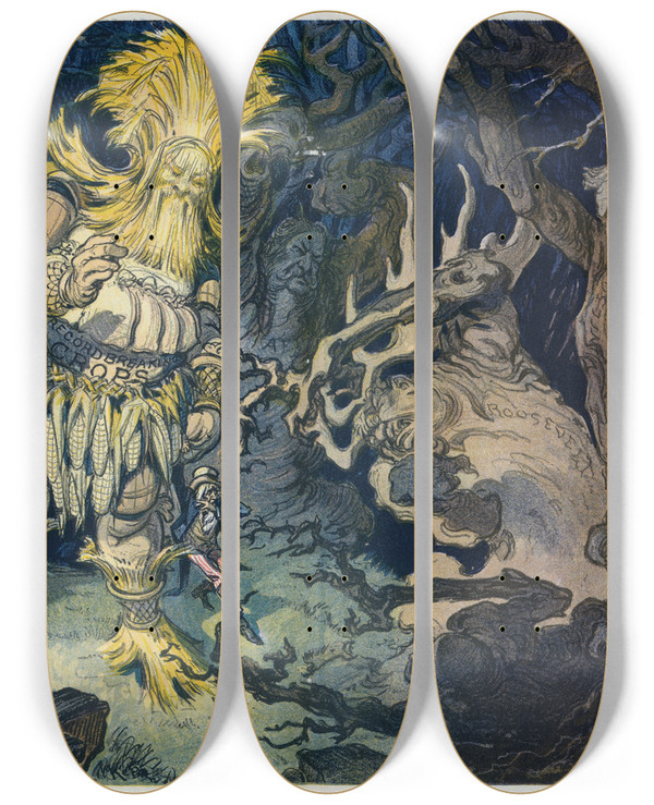 Triptych art skateboard deck of Udo Keppler In The Political Woods by Udo Keppler (1872-1956)