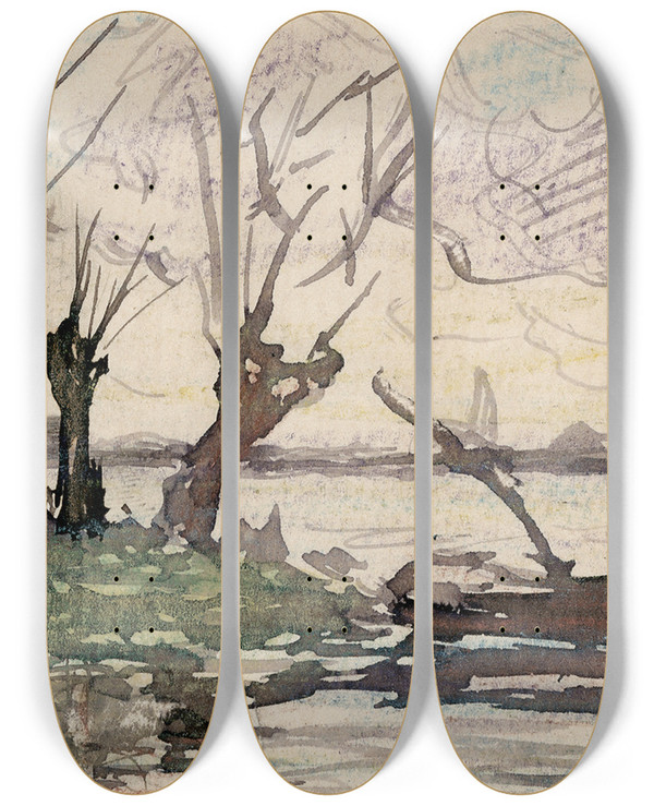 Triptych art skateboard deck of Frans Smissaert Knotwilgen Aan Een Plas by Frans Smissaert (1862-1944)
