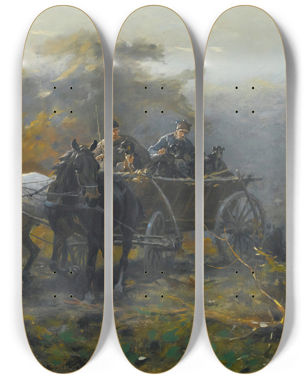 Triptych art skateboard deck of Jozef Brandt To The Forest by Jozef Brandt (1841-1915)