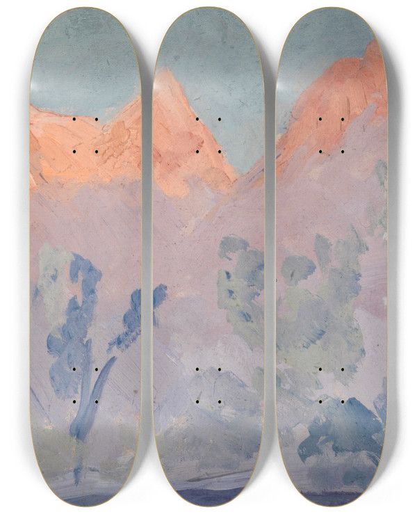 Triptych art skateboard deck of Ernst Schiess Mountains At Sunset by Ernst Schiess (1872-1919)