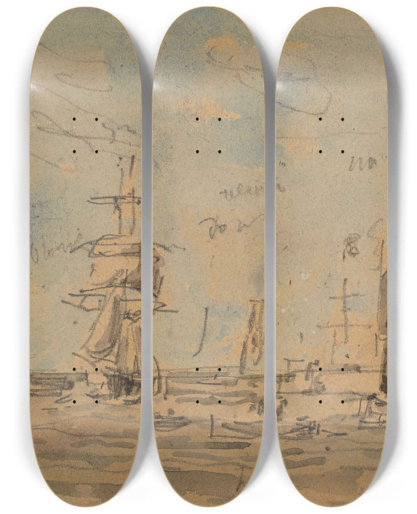 Triptych art skateboard deck of Eugne Boudin Port by Eugene Boudin (1824-1898)
