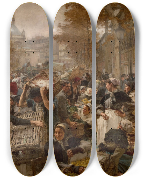 Triptych art skateboard deck of Lon Augustin Lhermitte Les Halles by Lon Augustin Lhermitte (1844-1925)