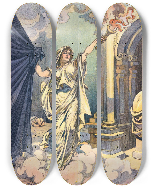 Triptych art skateboard deck of Udo Keppler Morgan And Posterity by Udo Keppler (1872-1956)