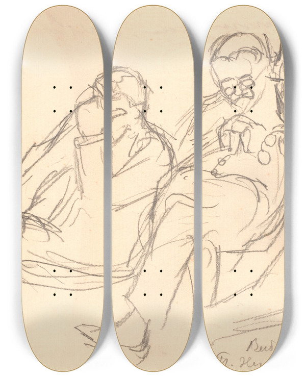 Triptych art skateboard deck of Viggo Johansen Figurskitse Tre Siddende Mnd Fr Henningsen Aarsleff Og P Johansen by Johansen Viggo (1851-1935)