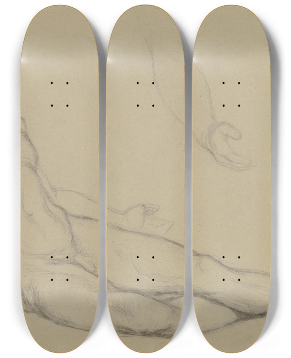 Triptych art skateboard deck of Victor Mller Hingestreckt Sitzender Mnnlicher Akt by Victor Muller (1829-1871)