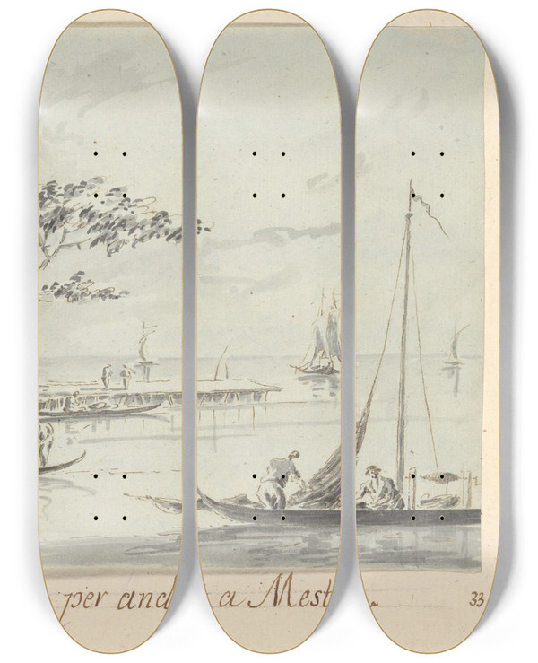 Triptych art skateboard deck of Giacomo Guardi The Island Of Lanconetta On The Way To Mestre With The Church Of La Madonnetta by Giacomo Guardi (1764-1835)