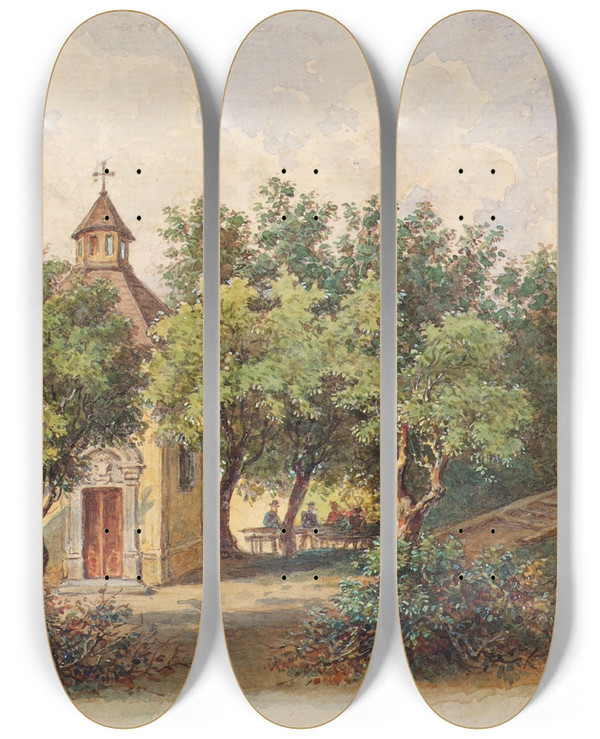 Triptych art skateboard deck of Gustav Zafaurek Die Brigittakapelle In Wienbrigittenau by Gustav Zafaurek (1841-1908)