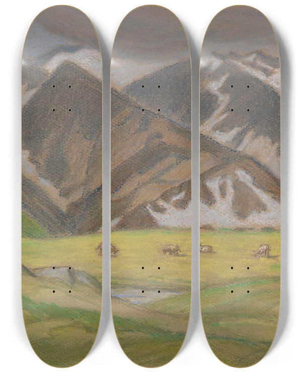 Triptych art skateboard deck of Ludwig Von Hofmann Schweizer Alpenlandschaft Mit Weidenden Khen by Ludwig Von Hofmann (1861-1945)