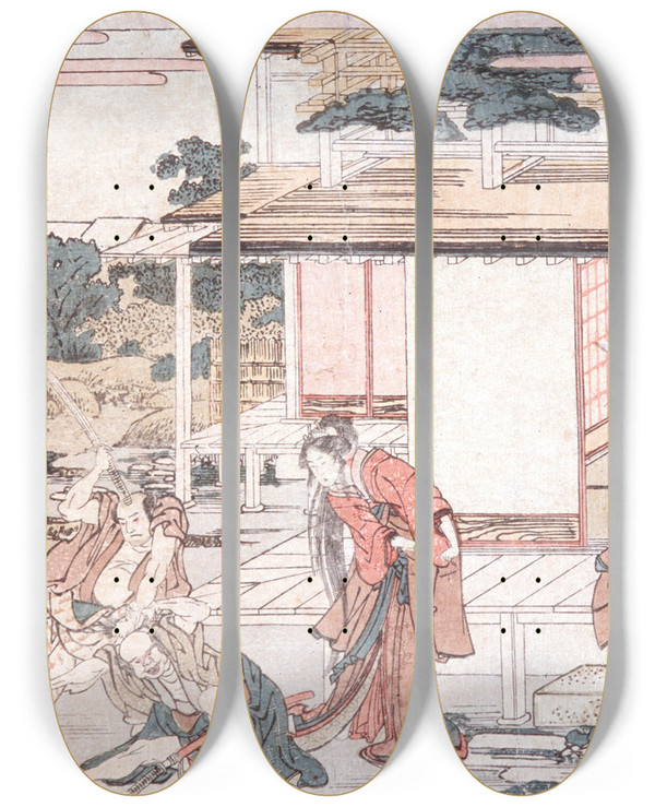Triptych art skateboard deck of Katsushika Hokusai Act Vii by Katsushika Hokusai (1760-1849)