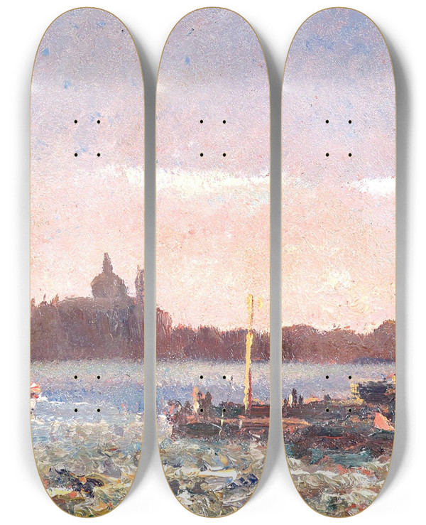 Triptych art skateboard deck of Beppe Ciardi Venice In The Background With Santa Maria Della Salute by Beppe Ciardi (1875-1932)