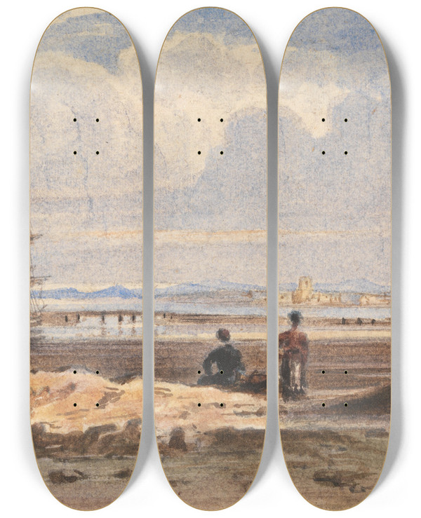 Triptych art skateboard deck of John Varley Seashore With Two Figures And A Distant Town by John Varley (1778-1842)