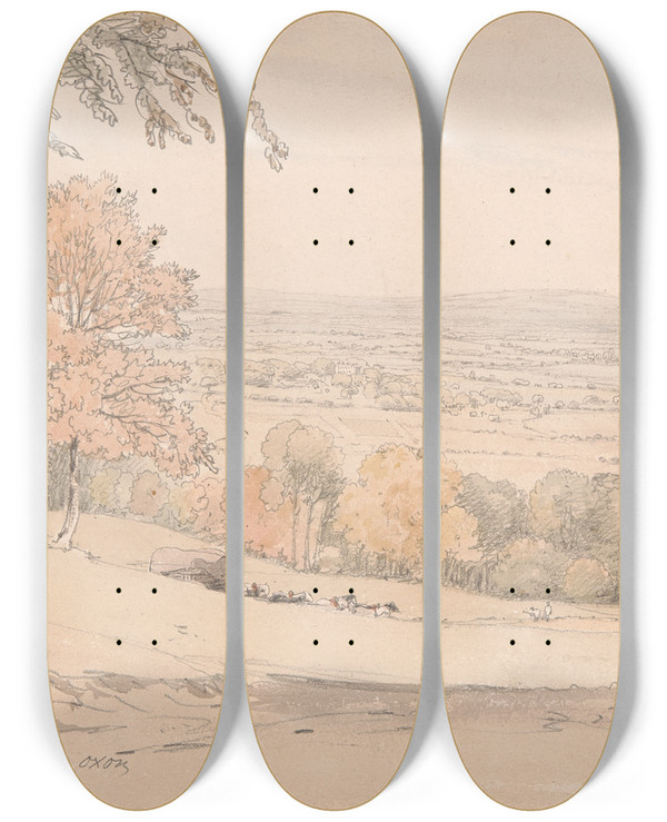 Triptych art skateboard deck of William Alfred Delamotte View From Stokenchurch Hill Buckinghamshire by William Alfred Delamotte (1775-1863)