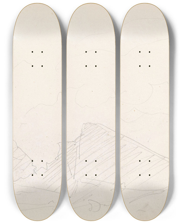 Triptych art skateboard deck of Adolph Tidemand Riss Av Fjell Og Skyer by Adolph Tidemand (1814-1876)