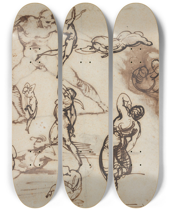 Triptych art skateboard deck of Thodore Gricault Sheet Of Sketches Verso by Theodore Gericault (1791-1824)