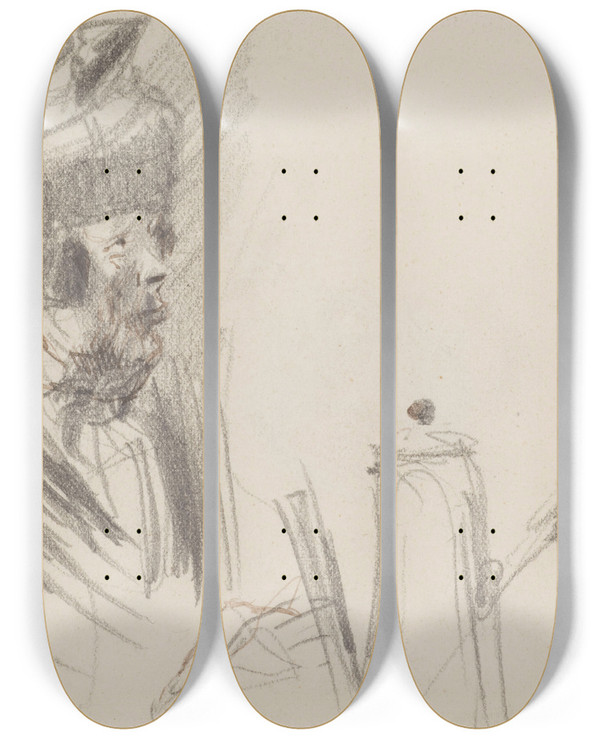 Triptych art skateboard deck of Georges Hugo Personnage En Buste Devant Une Cafetire by Georges Hugo (1868-1925)