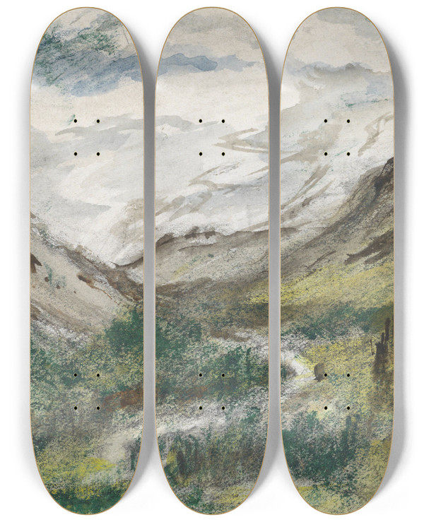 Triptych art skateboard deck of Jozef Israls Dal Met Begroeide Bergen by Jozef Israels (1824-1911)