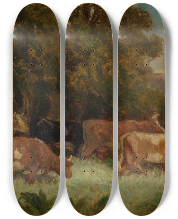 Triptych art skateboard deck of Edward Mitchell Bannister Untitled Five Cows In Pasture Rooftop In Background by Edward Mitchell Bannister (1828-1901)