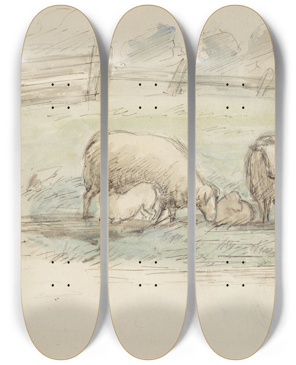 Triptych art skateboard deck of Jozef Israls Schapen In Een Weide by Jozef Israels (1824-1911)
