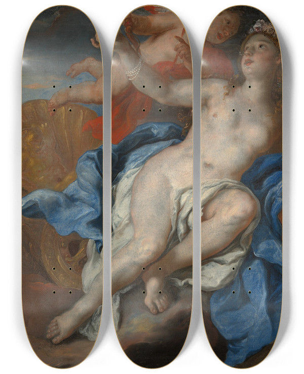 Triptych art skateboard deck of Johann Michael Rottmayr Venus And Cupid At The Forge Of Vulcan by Johann Michael Rottmayr (1654-1654)