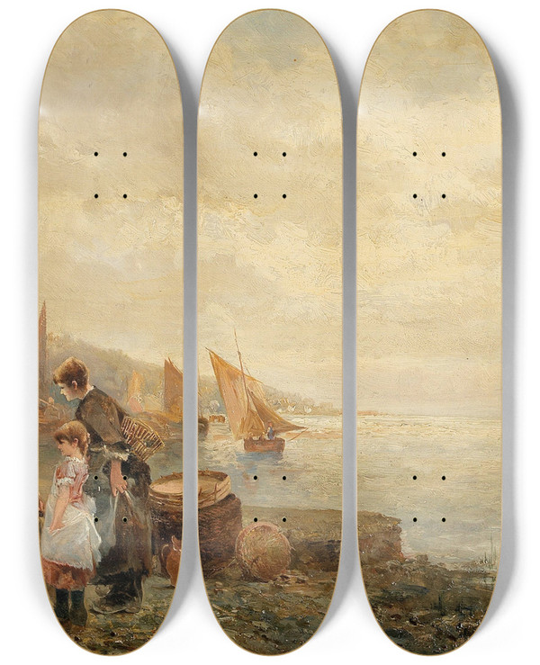 Triptych art skateboard deck of Emil Barbarini Motiv Von Der Westerschelde_1 by Emil Barbarini (1855-1933)