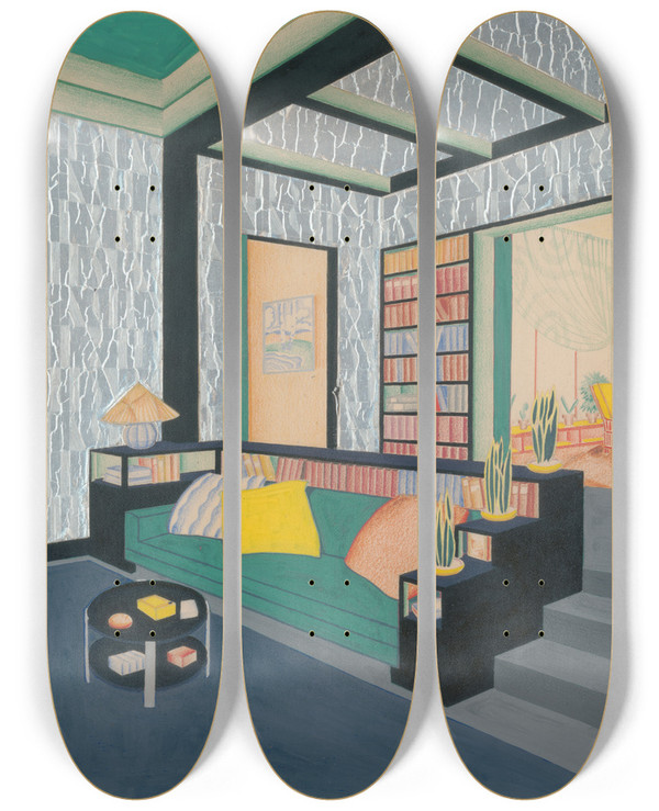 Triptych art skateboard deck of Winold Reiss Design For Orinoka Fabric Advertisement by Winold Reiss (1886-1953)