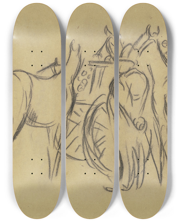 Triptych art skateboard deck of Wilhelm Kalb Horse Market by Wilhelm Kalb