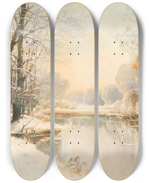 Triptych art skateboard deck of Walter Moras Winter At Spreewald by Walter Moras (1856-1925)